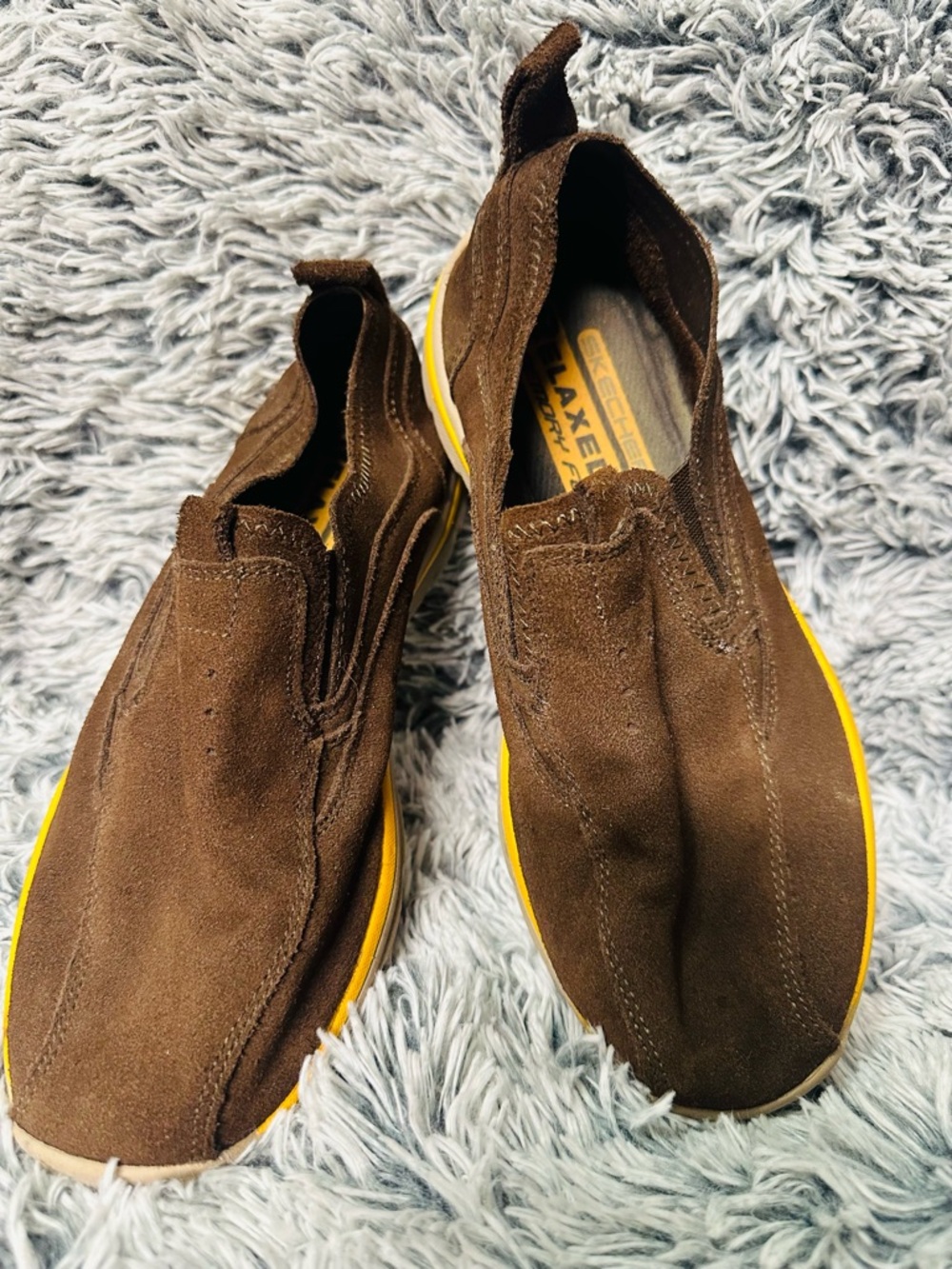 Skechers Men’s Brown Suede Slip-On Loafers with Yellow Sole